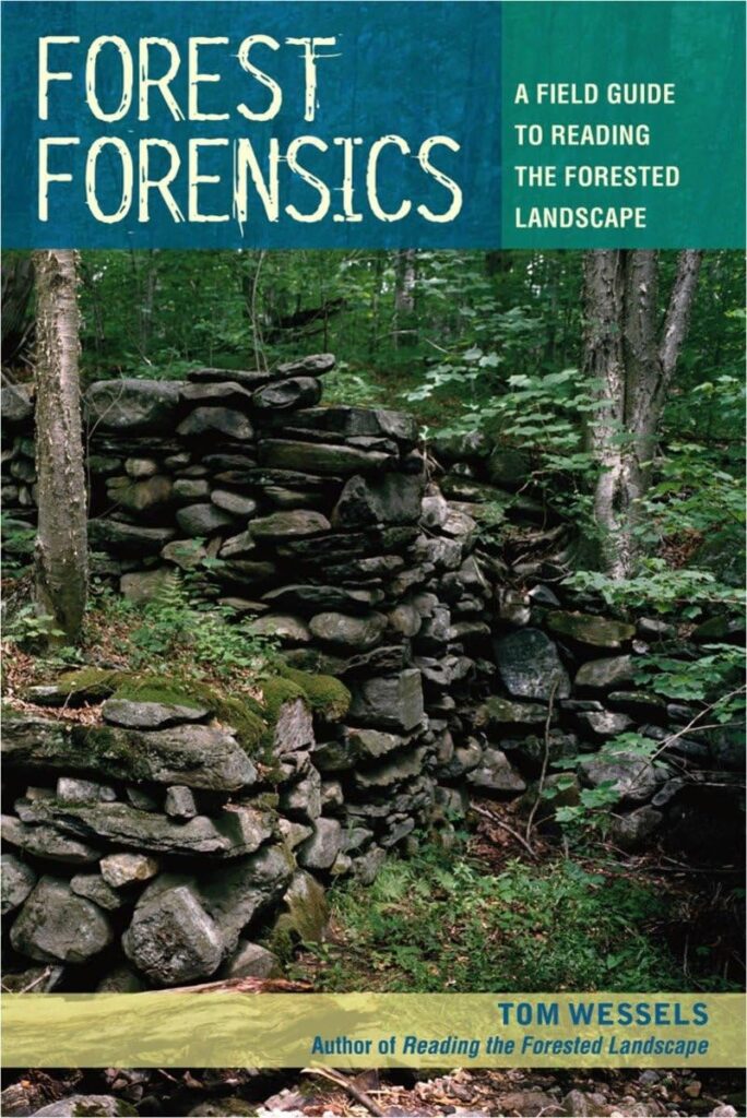 Alt text: Cover of the book "Forest Forensics" featuring an image of a stone wall in a lush forest with the text "A Field Guide to Reading the Forested Landscape" and the author's name "Tom Wessels" at the bottom.